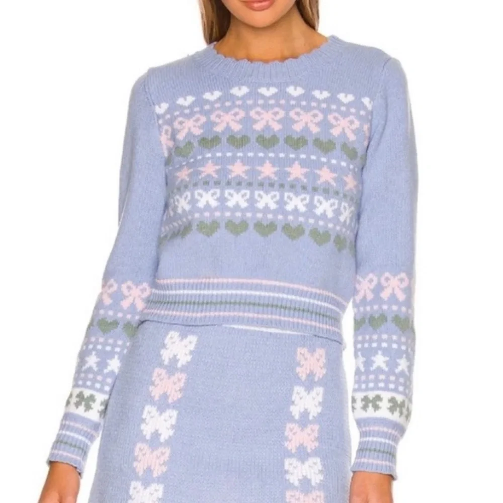 LoveShackFancy Womens Zaheer Pullover Feminine Heart Bow Sweater Pink Blue XS - Picture 5 of 11